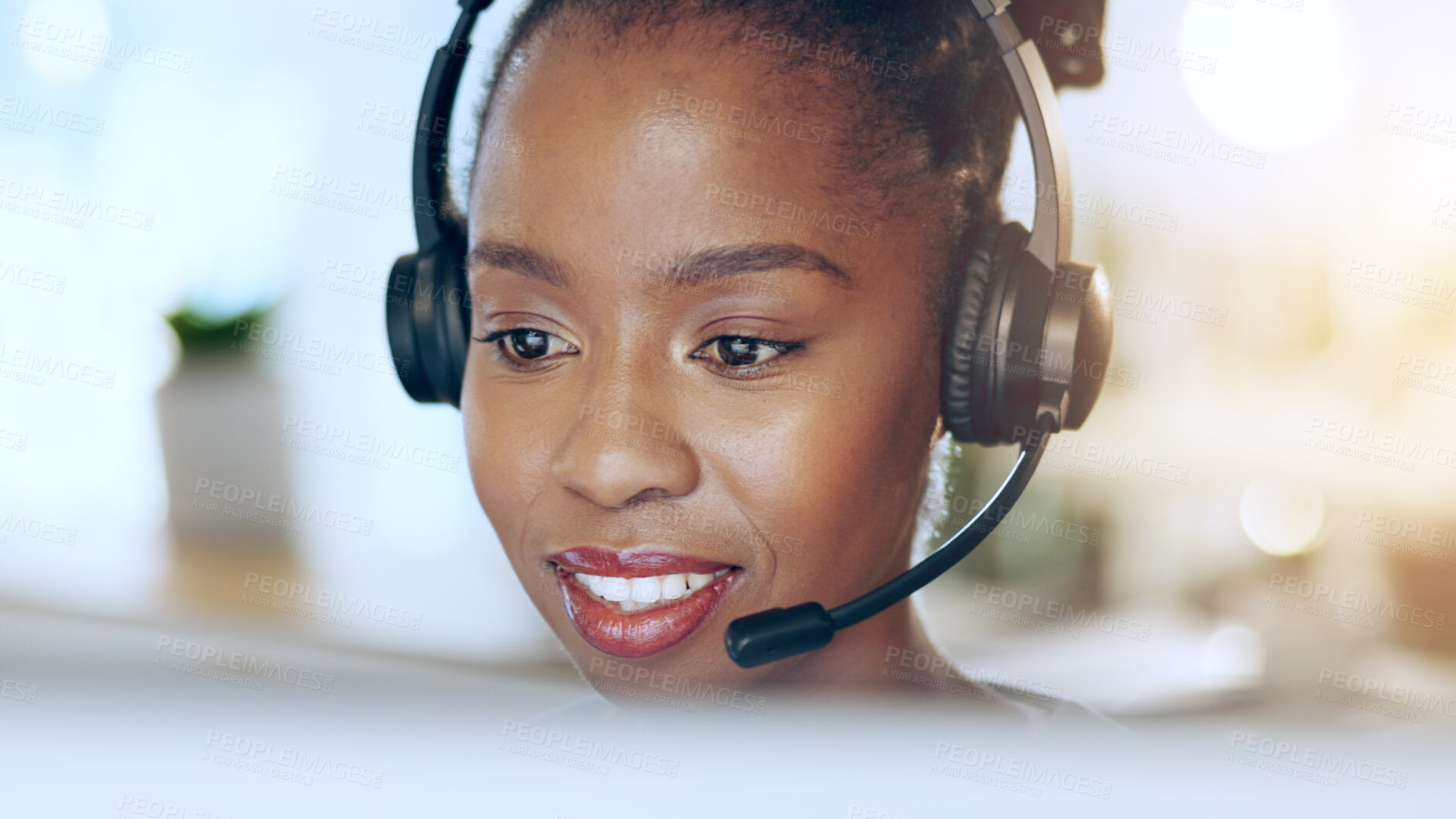 Buy stock photo African woman, call center and talk for contact us, microphone and voip tech for telemarketing sales. Consultant, thinking and customer service agent with reading, headphones and advice at help desk