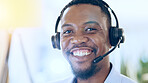 Portrait, call center and smile of black man in telemarketing, support and help desk in office in Nigeria. Customer service, sales agent and happy face of African business professional in headphones