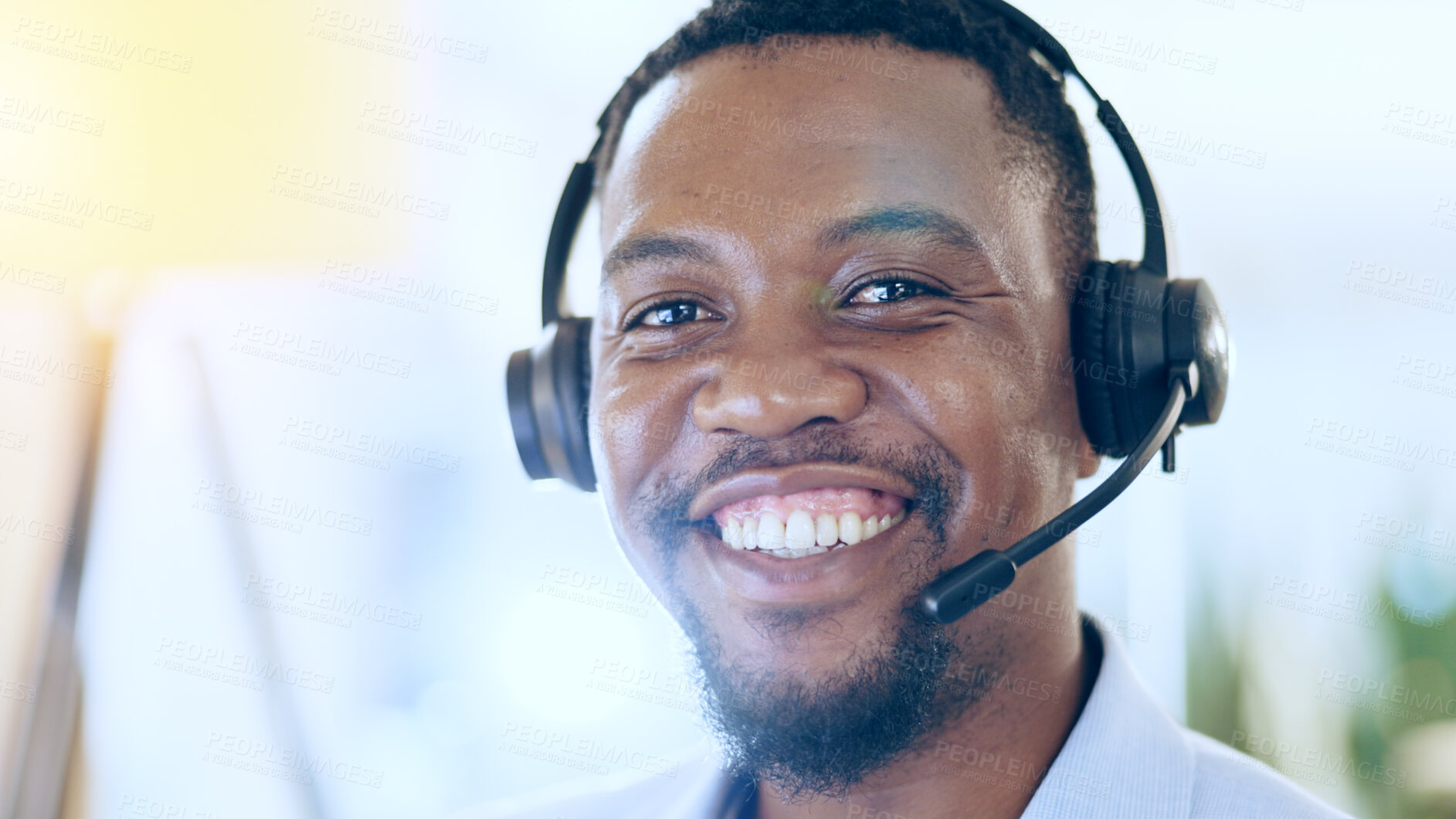 Buy stock photo Portrait, call center and smile of black man in telemarketing, support and help desk in office in Nigeria. Customer service, sales agent and happy face of African business professional in headphones