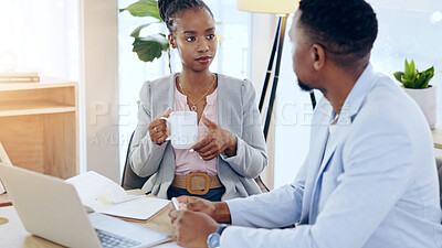 Buy stock photo Teamwork, meeting and business people on laptop in office for planning, project and internet. Corporate, collaboration and man and woman with coffee on computer for discussion, research and website