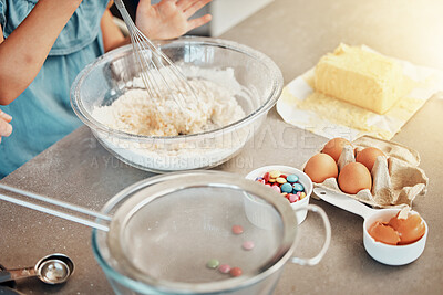 Buy stock photo Hands, baking and bowl with flour, butter and eggs in home, kitchen or counter with people mixing recipe ingredient. Chef, cooking or baker prepare food with equipment in process or person whisk eggs