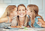 Family, kiss and smile in kitchen for cooking, love and bonding with children on mothers day. Happy mom and kids, baking and care in home, breakfast and snacks for nutrition, fresh cookies and food