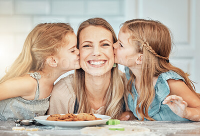 Buy stock photo Family, kiss and smile in kitchen for cooking, love and bonding with children on mothers day. Happy mom and kids, baking and care in home, breakfast and snacks for nutrition, fresh cookies and food