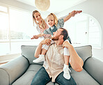 Parents, child and airplane on sofa, smile or portrait for love, care or bonding in living room at family house. Father, mother and daughter for plane game, excited and relax on lounge couch in home