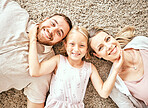 Happy, portrait and child with parents in the living room bonding and relaxing together at home. Happiness, love and girl kid laying with mother and father from Australia on floor in lounge at house.