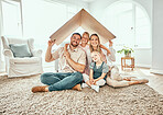 Happy family, portrait and cardboard roof for moving in, property investment or real estate at new home. Mother, father and kids smile for shelter, apartment or relocation together on house mortgage