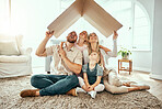 Family, children and parents in living room, cardboard roof and cover with hands, enjoying and playing. Siblings, mom and dad with girls, home and bonding together on floor, playful and affection