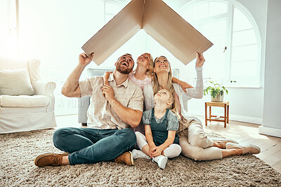 Buy stock photo Family, children and parents in living room, cardboard roof and protection with security, enjoying and playing.
Insurance, mom and dad for life cover, home and bonding on floor, playful and affection