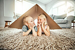 Smile, kids and cardboard for insurance with girl sisters on the floor of the living room at home. Security. family or children and young siblings on a carpet in their house for safety with flare