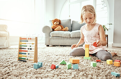 Buy stock photo Girl, child and building blocks on living room carpet for education, learning and puzzle games at home. Kid with toys on floor for development, growth and creative mindset for fun or holiday activity