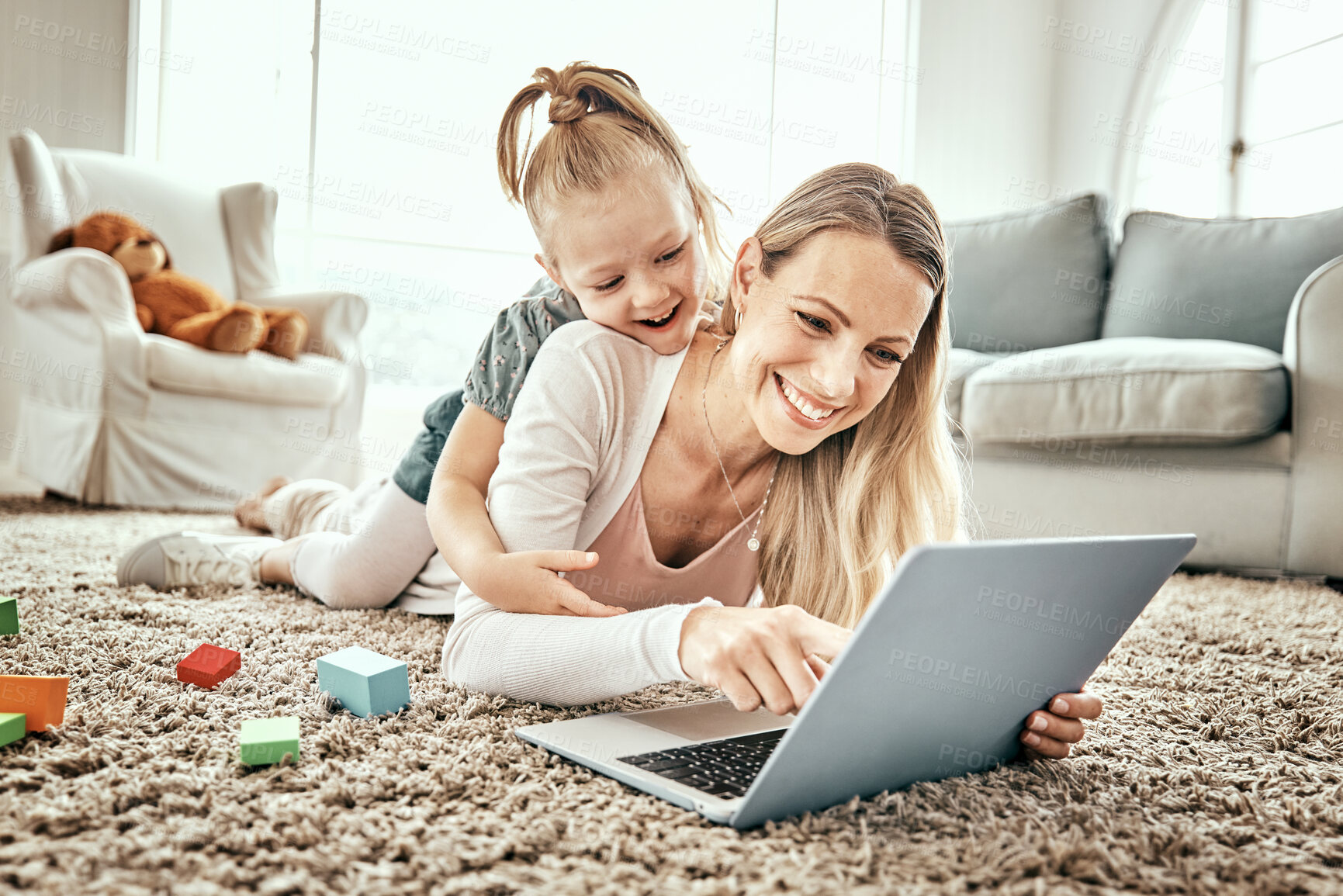 Buy stock photo Mother, girl and laptop for home games, e learning and funny video streaming or education on carpet in living room. Excited mom, family and child play on floor on computer, kids website or internet 