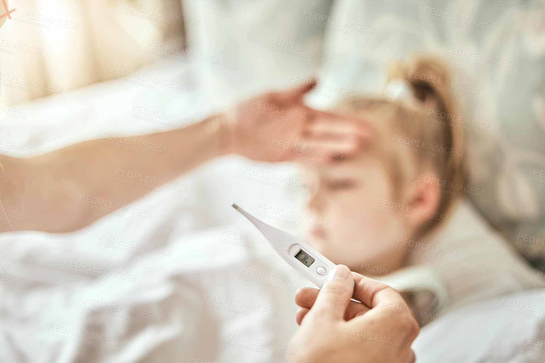 Buy stock photo Parent, hands and thermometer for child fever in bed from cold, sick or flu virus at home. Closeup of person checking kid with illness for temperature or measurement in bedroom or rest at house