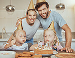 Parents, children and blowing candles on birthday cake for celebration with smile, love and sweets in home. Happiness, family and mom, dad and kids together at table for girl party event in house.