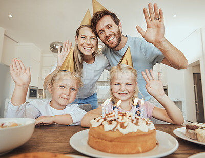 Buy stock photo Portrait of parents, children and wave with birthday cake for celebration with video call, love and candles in home. Happiness, family and mom, dad and kids together at table for girl party in house.