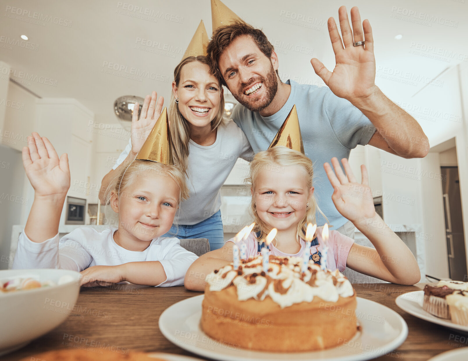 Buy stock photo Portrait of parents, children and wave with birthday cake for celebration with video call, love and candles in home. Happiness, family and mom, dad and kids together at table for girl party in house.