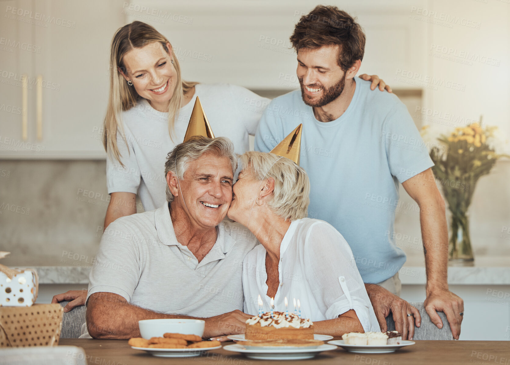 Buy stock photo Birthday, family and senior parents with cake for party, celebration and festive event in home. Happy, smile and elderly mother, father and couple with dessert, decoration and celebrate for love