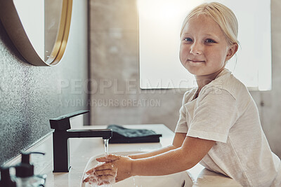 Buy stock photo Bathroom, water and portrait of child washing hands with soap, foam and healthy hygiene. Cleaning dirt, germs and bacteria on fingers, happy girl in home for morning wellness, safety and skin care.