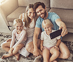 Selfie, happy family and parents with children on social media picture by living room couch together in the morning. Love, care and mother bonding with father and kids with memory online with smile