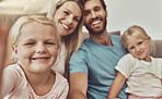 Selfie, happy family and parents with kids on social media picture by living room couch together in the morning. Love, care and mother bonding with father and children with memory online with smile