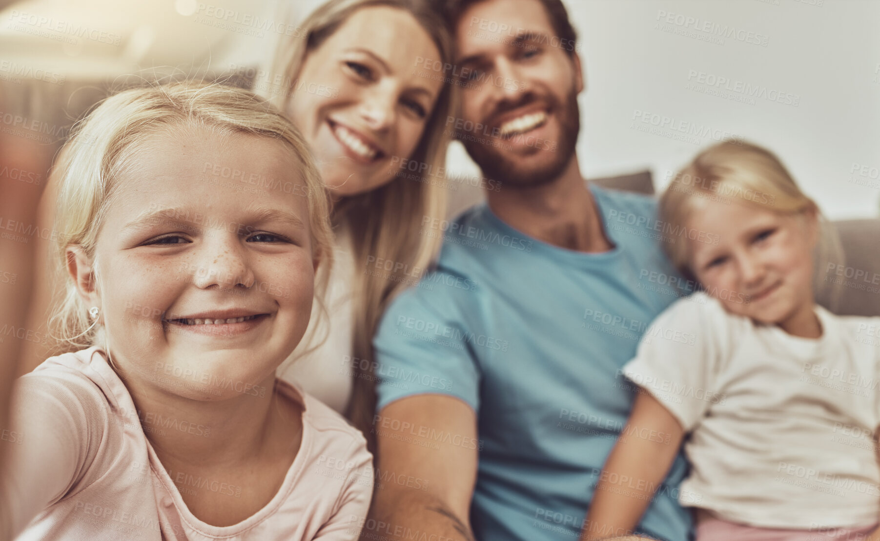 Buy stock photo Selfie, happy family and parents with kids on social media picture by living room couch together in the morning. Love, care and mother bonding with father and children with memory online with smile