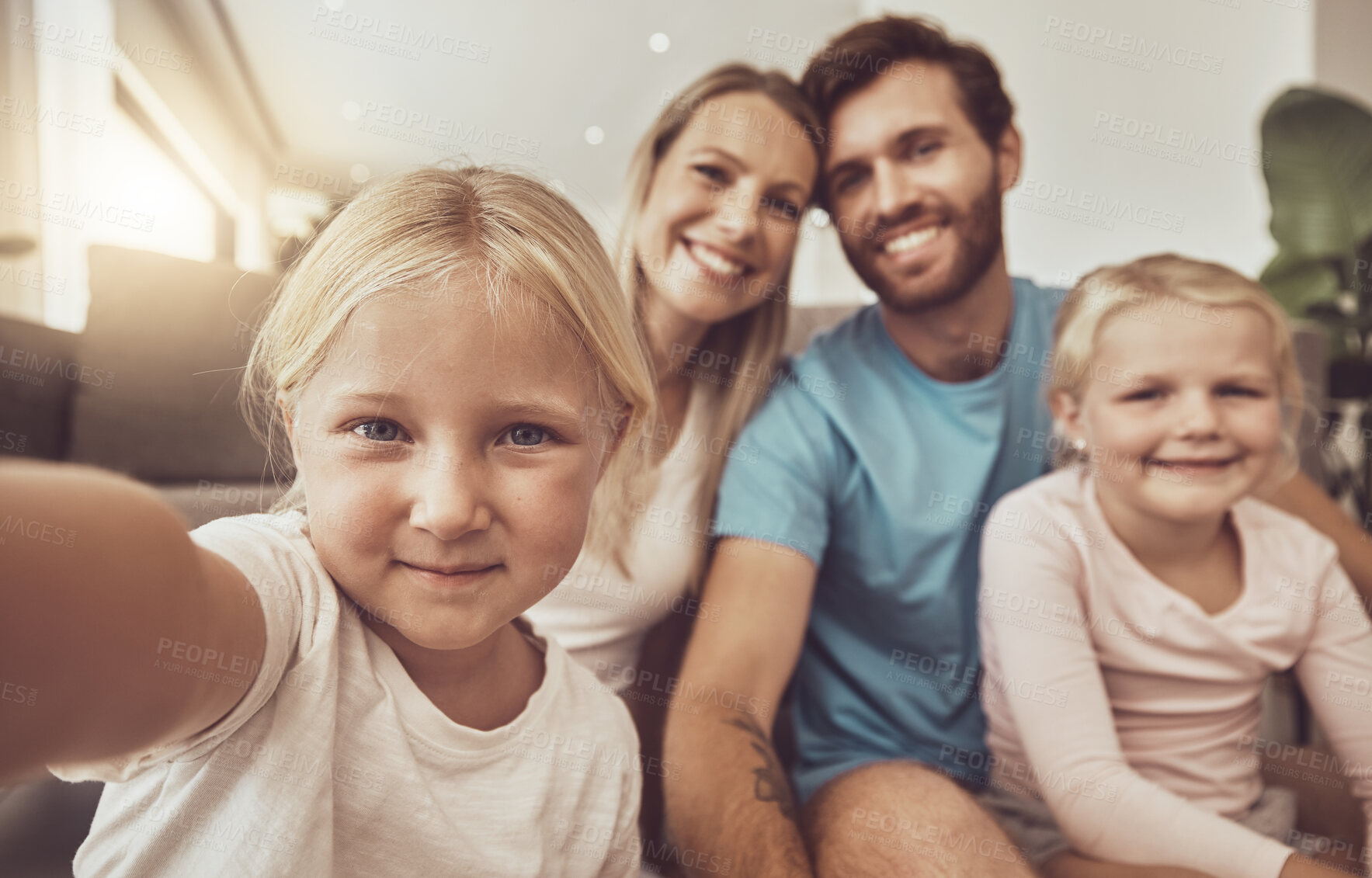 Buy stock photo Selfie, family and parents picture with children on social media happy in living room couch together in the morning. Love, care and mother bonding with father and kids with memory online with smile