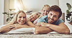 Relax, happy family and parents with children on living room floor laughing together in the morning with happiness. Love, care and mother bonding with father and kids with memory, trust and smile