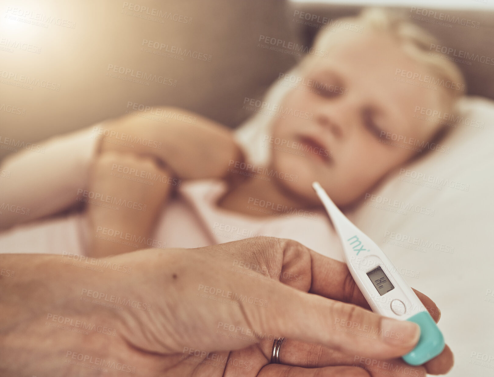 Buy stock photo Thermometer, mom and sick child on sofa for cold, flu or medical care for children in home. Healthcare, fever and mother with sleeping daughter on couch with digital temperature check in living room.