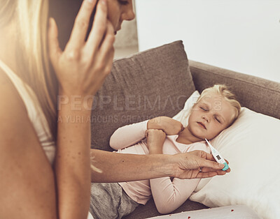 Buy stock photo Mom, phone call and sick child on sofa with thermometer, telehealth and communication for advice. Healthcare, fever and mother with sleeping daughter on couch on mobile chat for medical consultation.