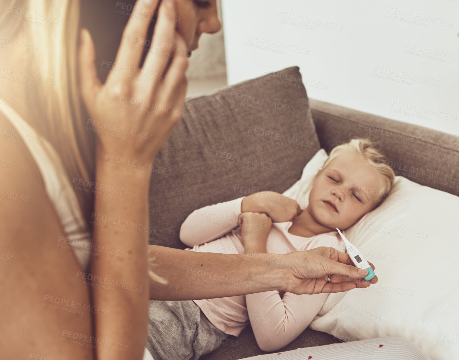 Buy stock photo Mom, phone call and sick child on sofa with thermometer, telehealth and communication for advice. Healthcare, fever and mother with sleeping daughter on couch on mobile chat for medical consultation.