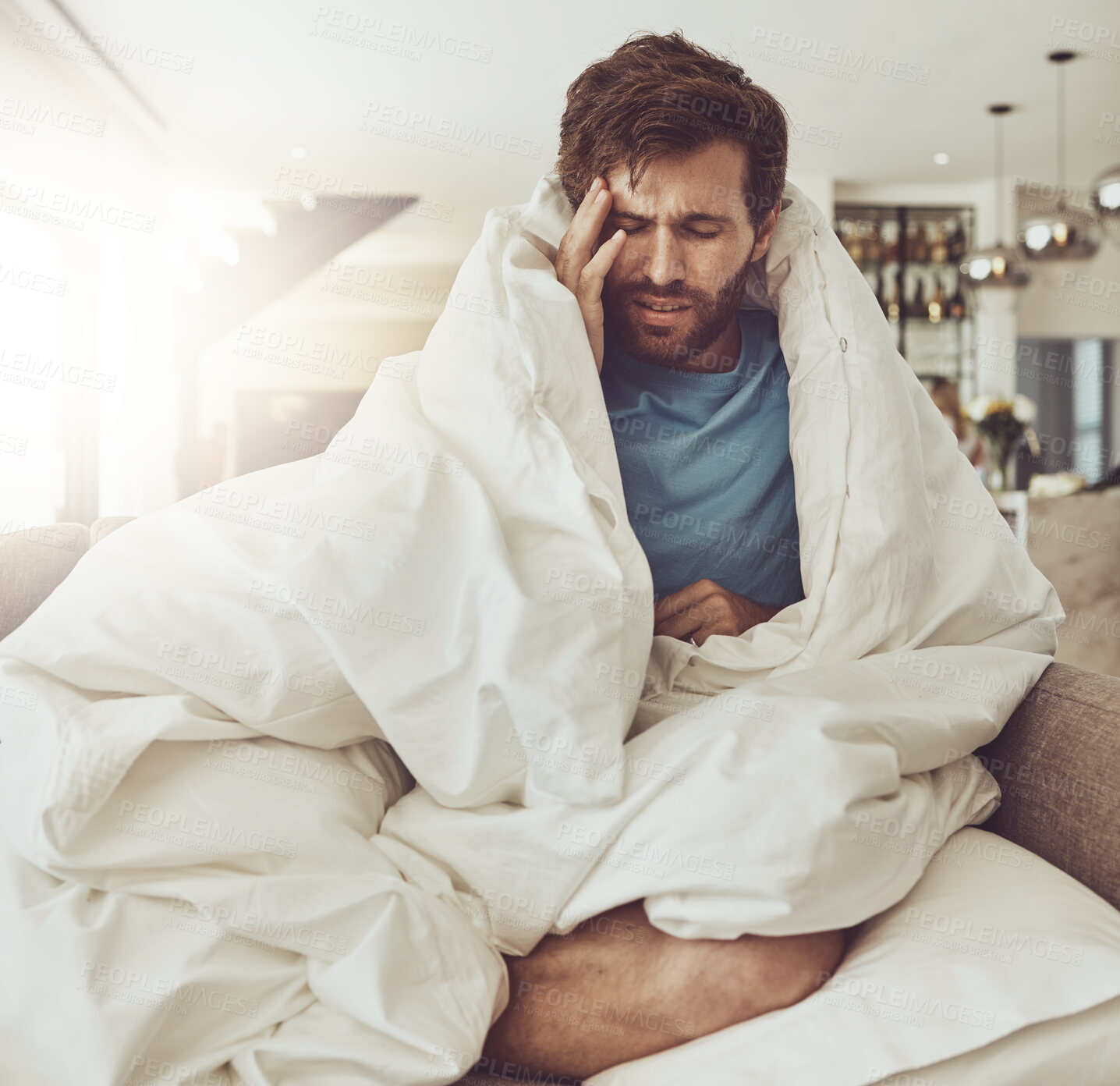 Buy stock photo Man, headache and pain, sick and tired at home with medical condition or stress while in living room. Migraine, health fail and brain fog, vertigo and dizziness with influenza, fever and illness