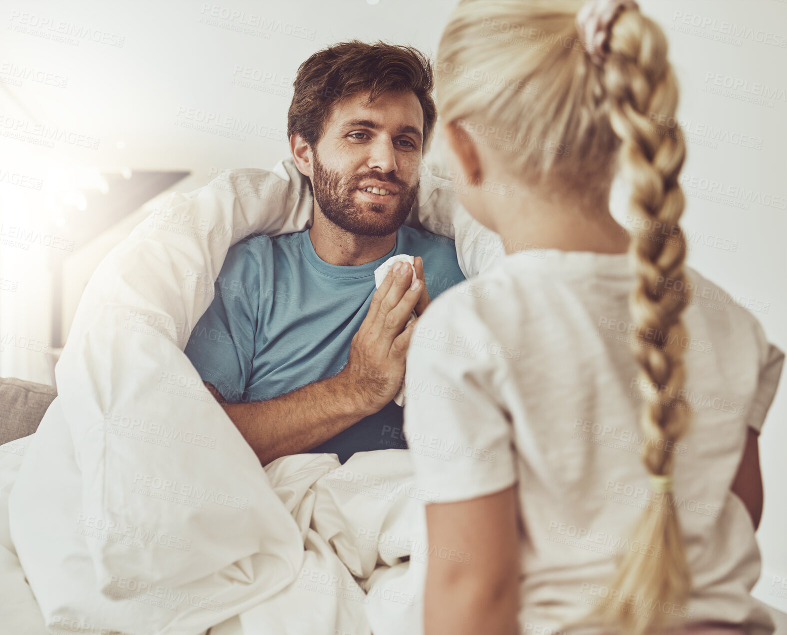 Buy stock photo Sick father, tissue and child in home living room, talking and care for family. Girl, kid and help dad with flu, allergy or covid on lounge in blanket in winter for disease, cold virus and bacteria