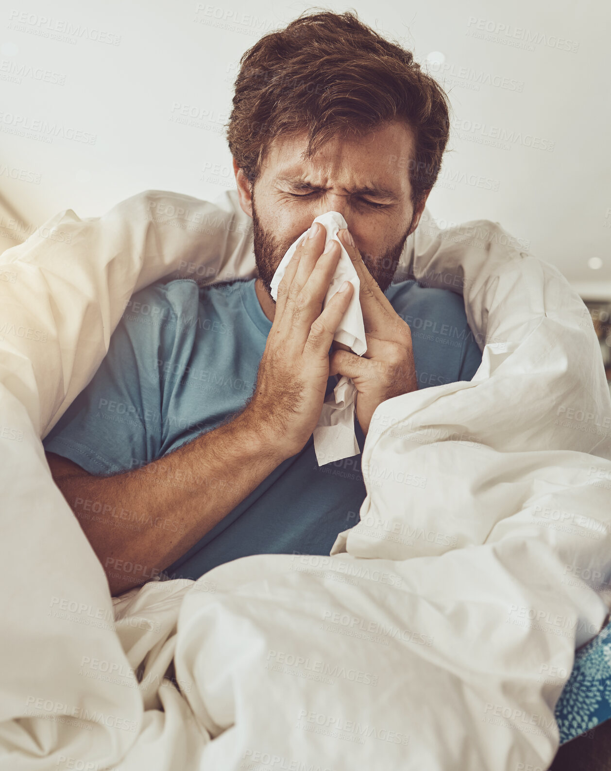 Buy stock photo Man, blowing nose and sneeze, sick with allergies or influenza, virus and bacteria with health fail at home. Toilet paper, illness and healthcare with crisis or disaster, medical condition and flu