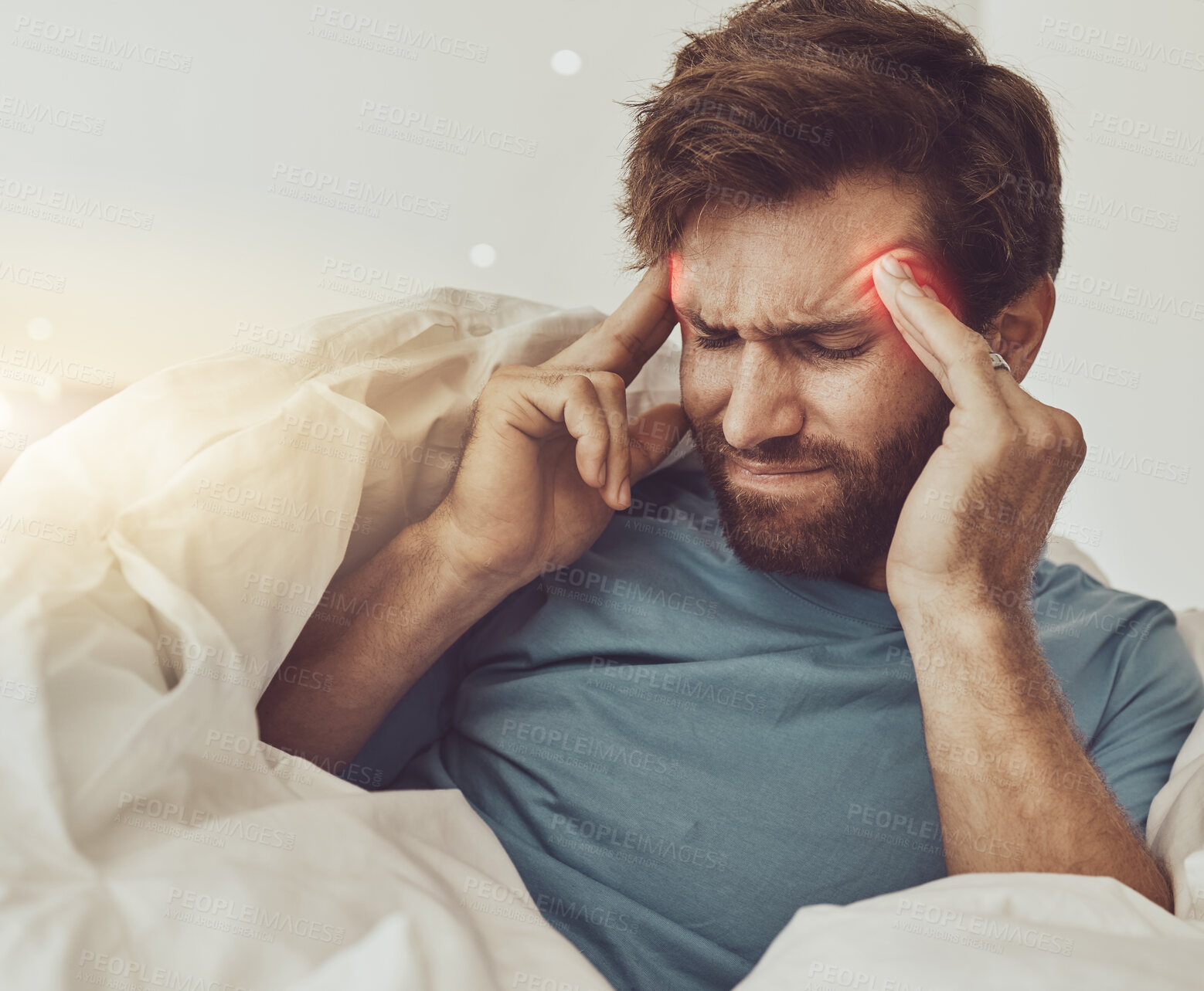 Buy stock photo Man, headache and pain, massage temple and sick, tired at home with medical condition or stress with red overlay. Migraine, health fail and brain fog, vertigo and dizziness with glow and fever