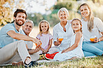 Park picnic, portrait and happy family children, parents and grandparents eating fruits, drink orange juice and enjoy outdoor nature. Love, grandpa and relax senior grandma, dad or mom bond with kids