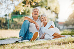 Senior couple, portrait or picnic in park for love, support or bonding retirement in Australia nature garden. Smile, relax and elderly man and happy woman on blanket in backyard grass field for break