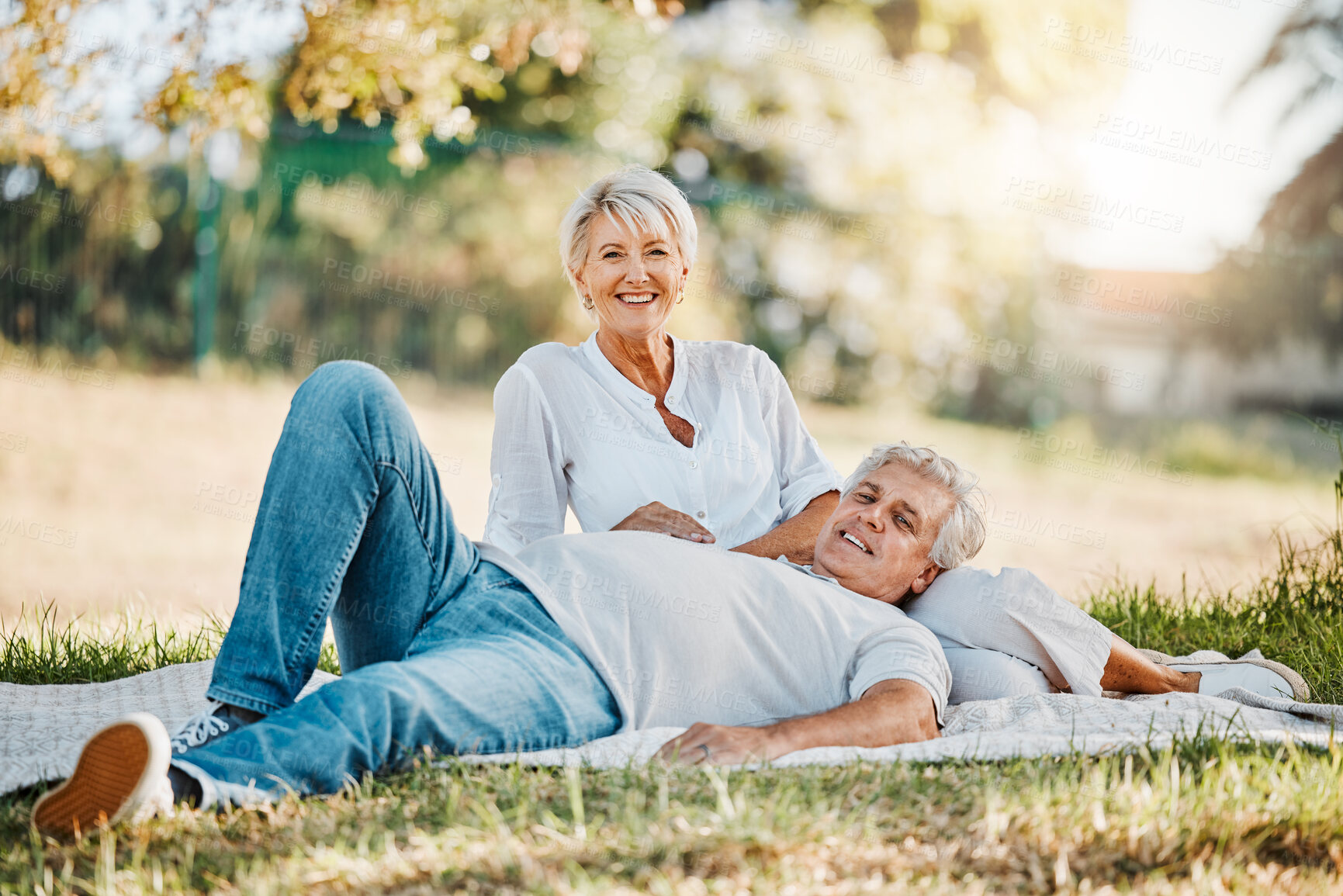 Buy stock photo Senior happy couple, portrait or picnic in park for love, support or bonding retirement in Australia nature garden. Smile, relax and elderly man and woman on blanket in backyard grass field for break