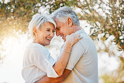 Buy stock photo Senior happy couple, laughing or hug in nature garden for love, support or bonding retirement trust. Woman smile, relax or elderly man in embrace for relationship, connection and together in backyard