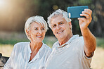 Happy couple, senior and selfie in nature garden for love memory, connection and relax retirement in Australia. Elderly man, smile and woman with photography for social media, profile picture and fun