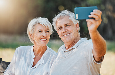 Buy stock photo Happy couple, senior and selfie in nature garden for love memory, connection and relax retirement in Australia. Elderly man, smile and woman with photography for social media, profile picture and fun