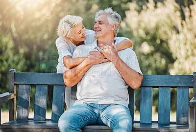 Buy stock photo Happy couple, senior and hug on park bench for love, support and bonding together in retirement and nature garden. Smile, relax and elderly woman embrace man in Australia backyard for marriage trust