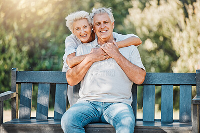 Buy stock photo Senior happy couple, portrait or hug on park bench for love, support or bonding retirement trust in nature garden. Smile, relax or elderly woman embrace man in Australia backyard for marriage loyalty