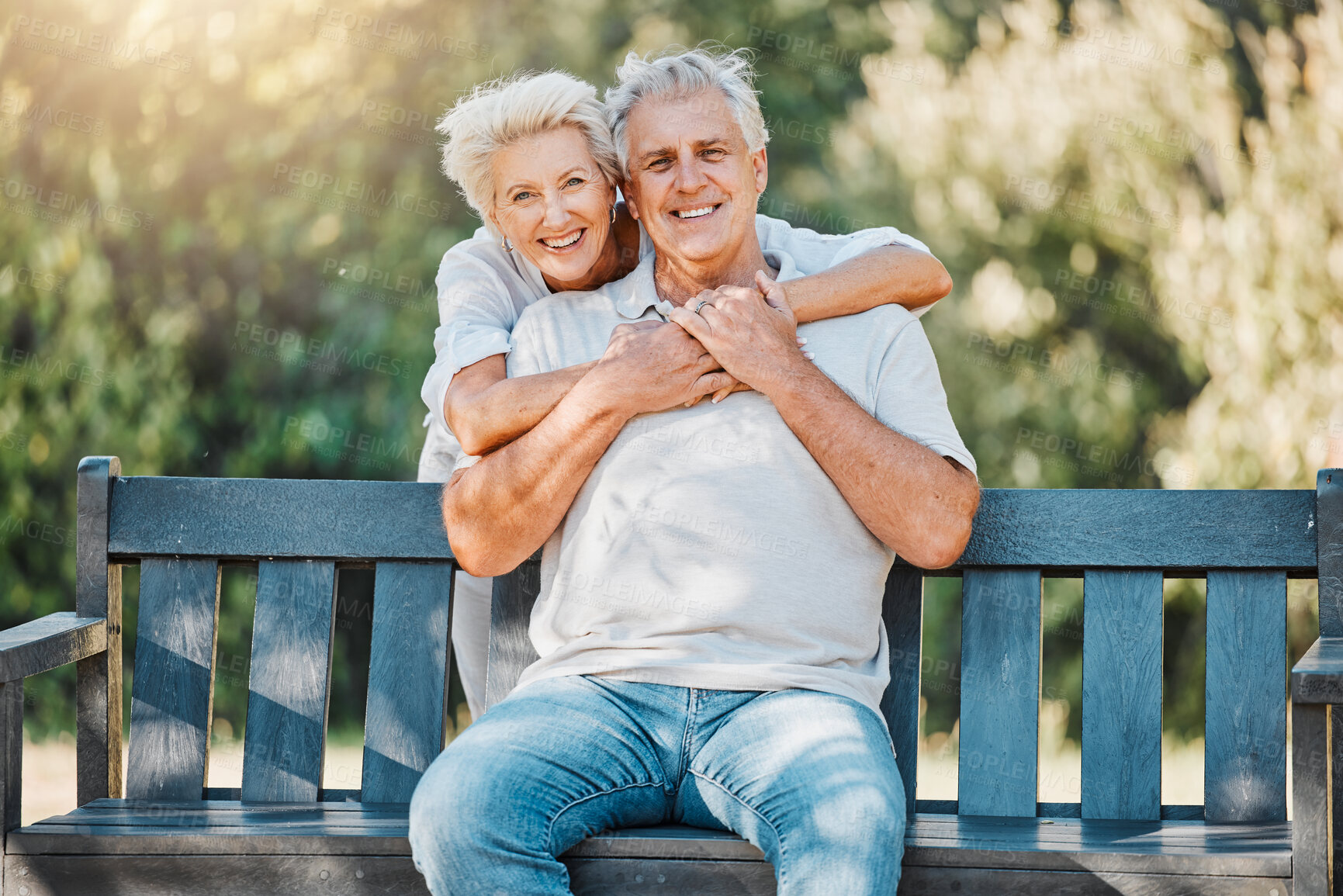 Buy stock photo Senior happy couple, portrait or hug on park bench for love, support or bonding retirement trust in nature garden. Smile, relax or elderly woman embrace man in Australia backyard for marriage loyalty