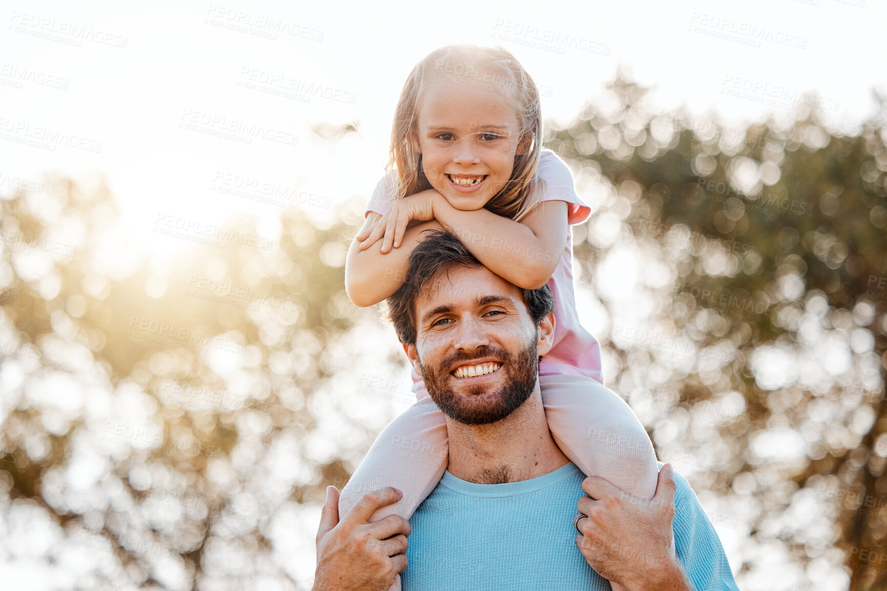 Buy stock photo Nature, happy and portrait of father with child in an outdoor park playing, bonding and having fun. Happiness, smile and girl kid on the shoulder of young dad from Australia in garden together.