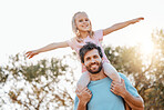 Airplane, love and portrait of father with child in a park at sunrise with care and happiness together in nature. Bonding, smile and dad with energy for kid happy for outdoor fantasy game and freedom