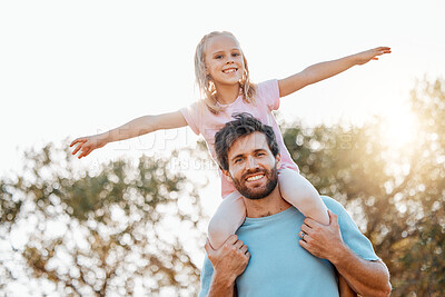 Buy stock photo Airplane, love and portrait of father with child in a park at sunrise with care and happiness together in nature. Bonding, smile and dad with energy for kid happy for outdoor fantasy game and freedom