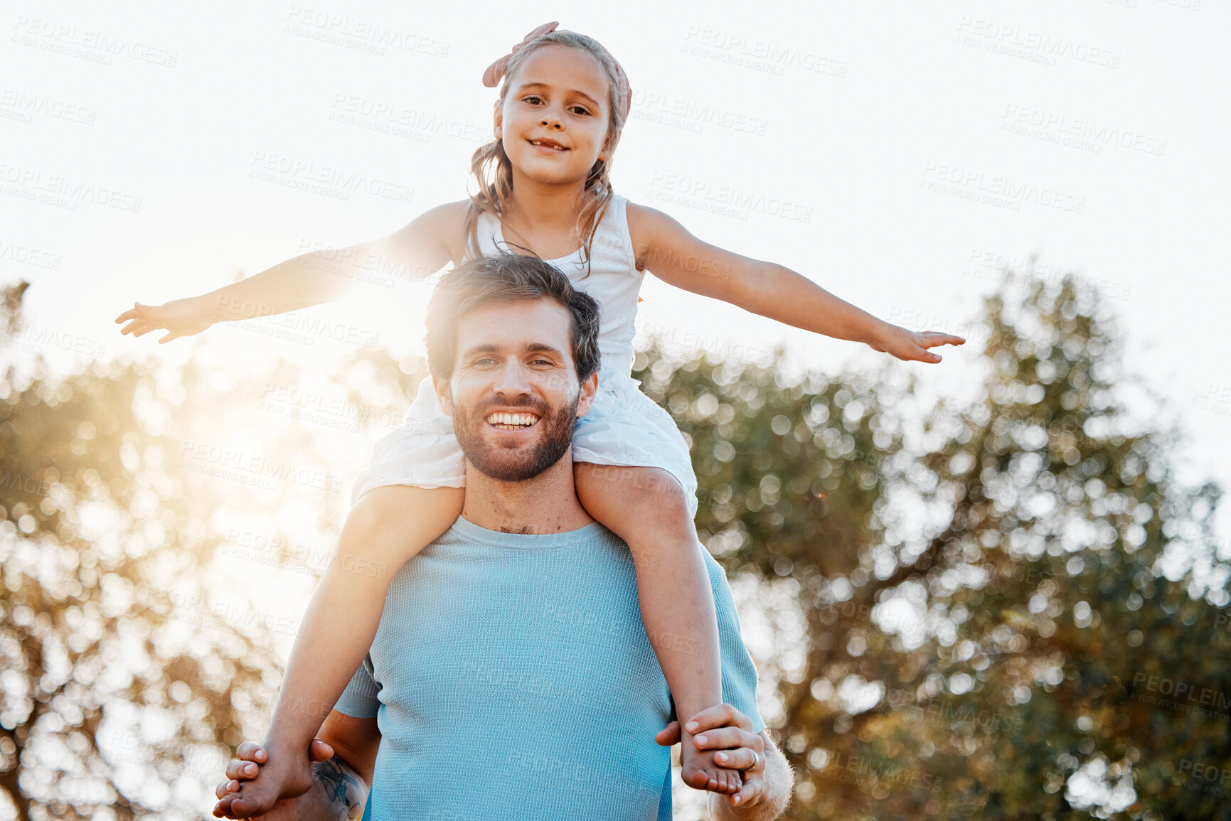 Buy stock photo Airplane, playing and portrait of dad with child in a park at sunrise with love, care and happiness together in nature. Bonding, smile and father with energy for kid happy for outdoor fantasy game