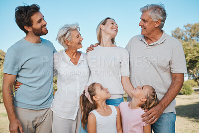 Buy stock photo Park, love and happy big family children, parents and grandparents enjoy time together, nature or holiday vacation. Wellness, spring and relax people bond, care or support young kids in Canada