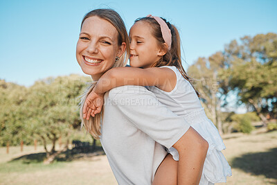 Buy stock photo Piggyback, portrait and happy family child, mother and people enjoy nature time together, love or fun outdoor game. Happiness, care and walking woman, mama or mom bonding, carry and support young kid