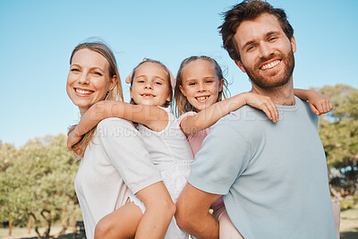 Buy stock photo Park portrait, piggyback and happy family children, mama and father enjoy weekend together, nature or freedom. Green forest, support parents and outdoor mom, dad and youth kids bonding, care and love