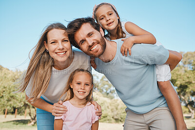 Buy stock photo Nature portrait, smile and family children, mother and father enjoy time together, green park or relax wellness. Freedom, summer sunshine or outdoor happy mama, papa and kids bond, care and piggyback